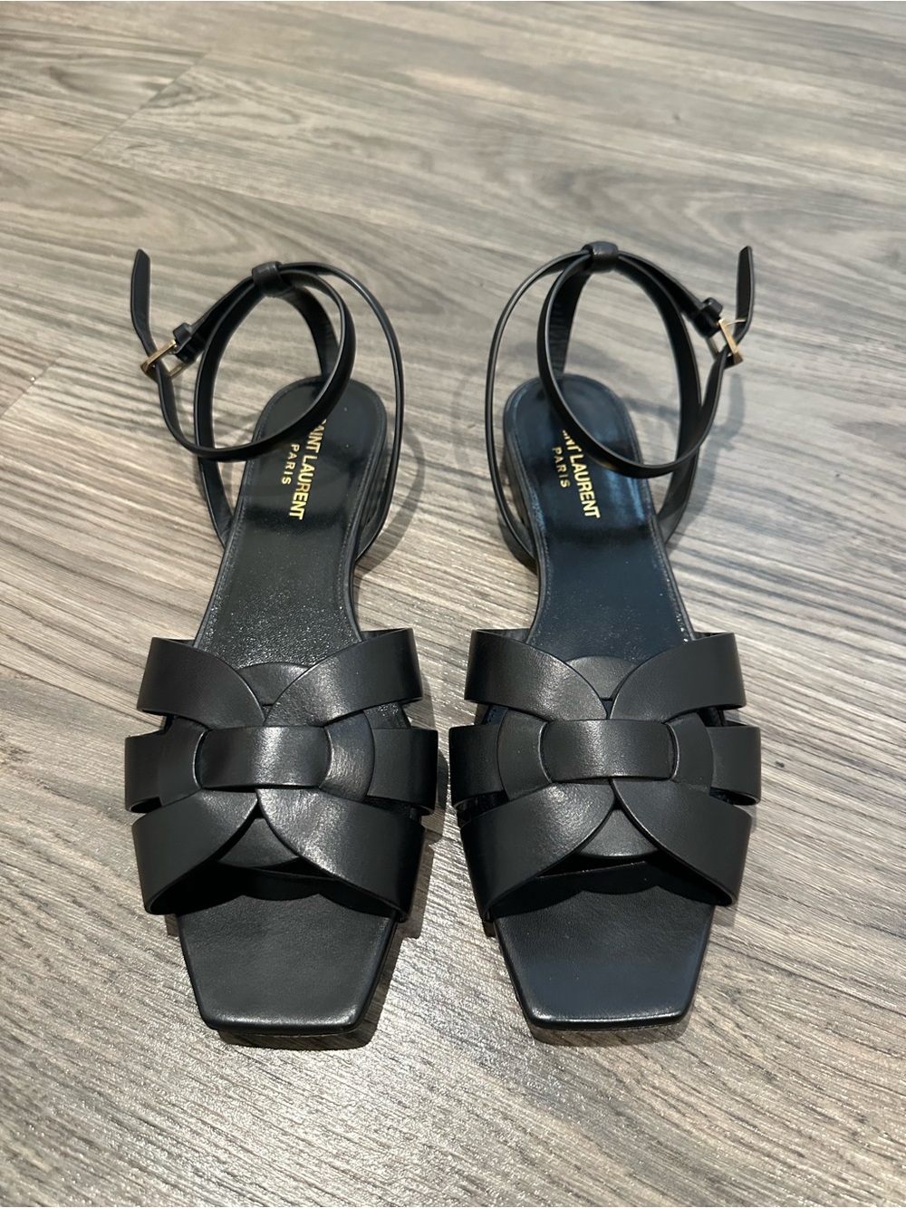 Saint Laurent Black Leather Tribue with Ankle-Strap Sandals